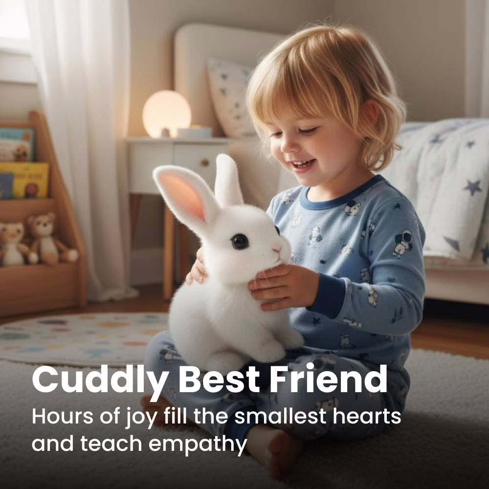 Un niño abraza al conejo Rabsy