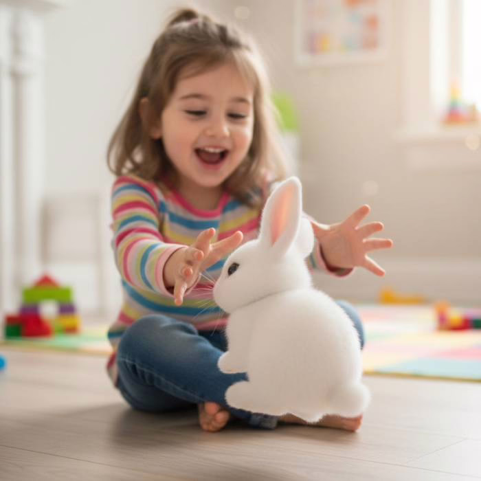 Un niño juega y abraza al conejo Rabsy